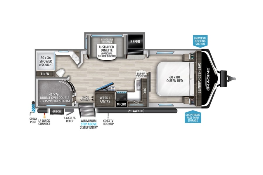 Detailed RV rental floor plan of an Imagine model with queen bed, bunks, and U-dinette. Includes dimensions and weight specs.