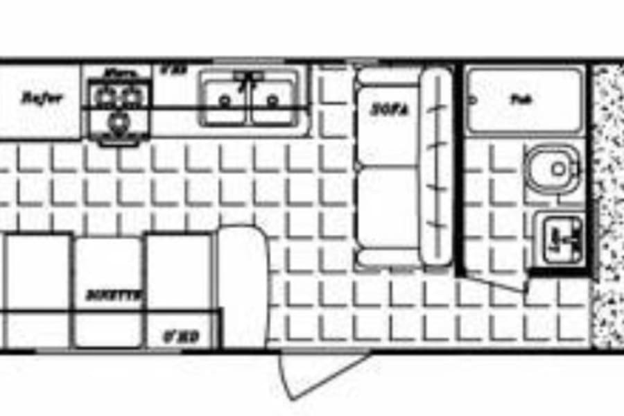 Spacious RV rental floor plan: bunks, queen bed, kitchen, bath, and living area. Perfect for travel & accommodation needs.