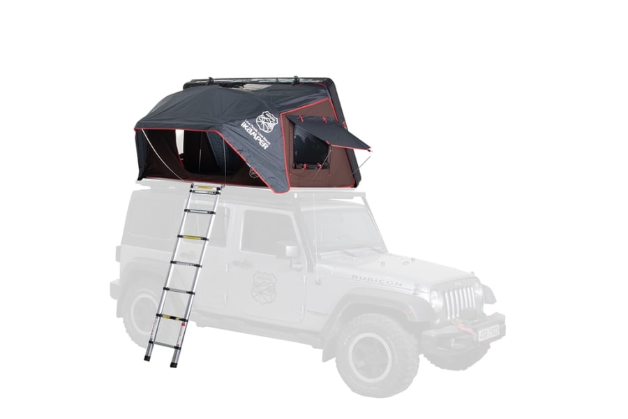 A black rooftop tent with red trim and ladder on a semi-transparent grey Jeep. A unique RV rental alternative for camping.