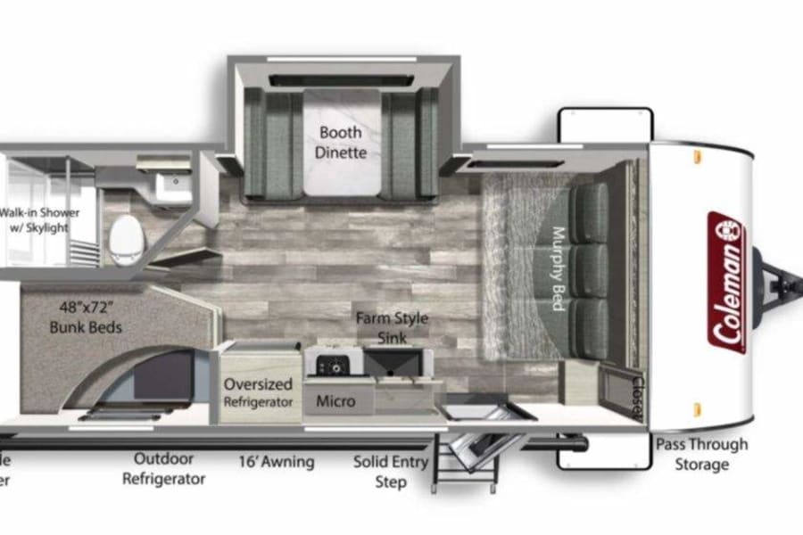 Discover this Coleman RV rental floor plan featuring bunk beds, a Murphy bed, booth dinette, kitchen, and walk-in shower.