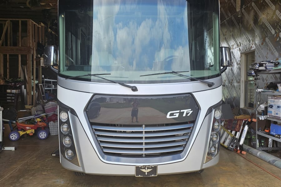 Georgetown GT7 motorhome parked in a garage. Discover this impressive rv rental for your next adventure.