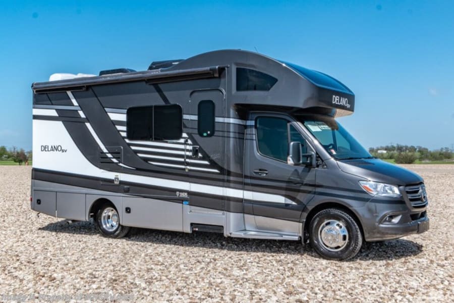 A modern gray and white Delano SV Class C motorhome, perfect for your next rv rental.
