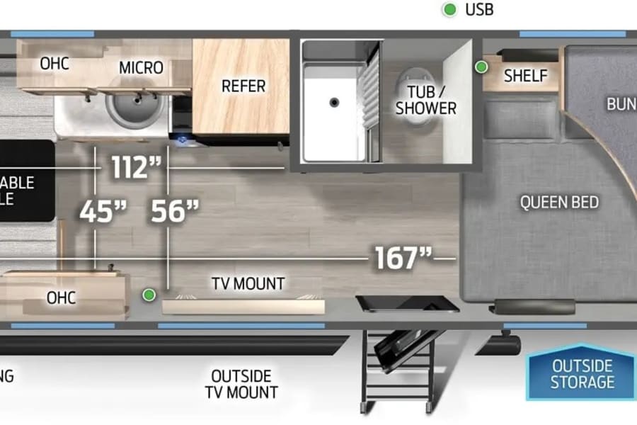 This RV rental floor plan details a toy hauler layout with a queen bed, bunk, kitchen, and rear ramp door.