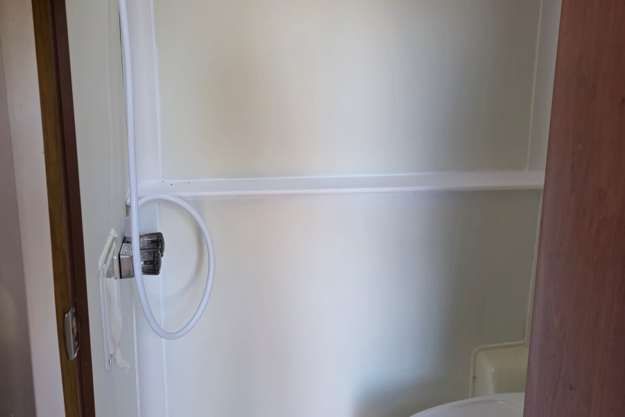 Step inside this RV rental's compact wet bath featuring a shower, toilet, and overhead skylight.