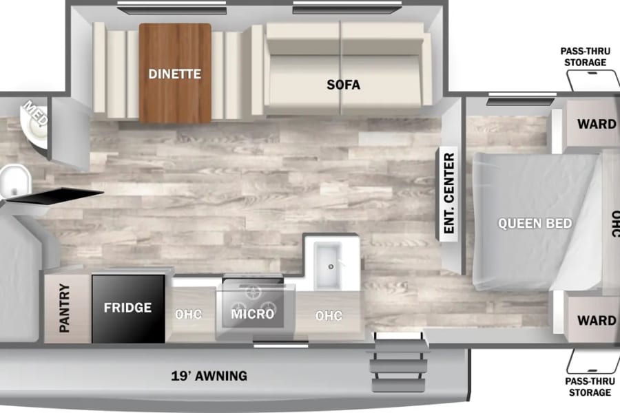 RV rental floor plan: Detailed interior layout showing kitchen, bath, queen bed, bunk beds, dinette, sofa, storage.