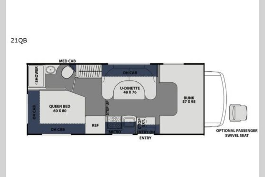 This **rv rental** floor plan for the 21QB model details its interior layout with queen bed, dinette, bunk, and shower.