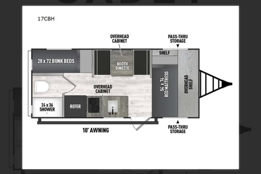 This RV rental's 17CBH travel trailer floor plan details bunk beds, dinette, main bed, shower, and storage.