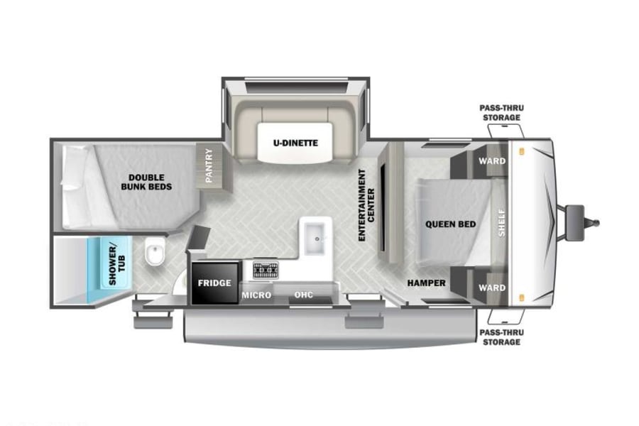 T2490 RV rental floor plan: interior layout featuring queen bed, double bunks, U-dinette, kitchen, bath, & storage.