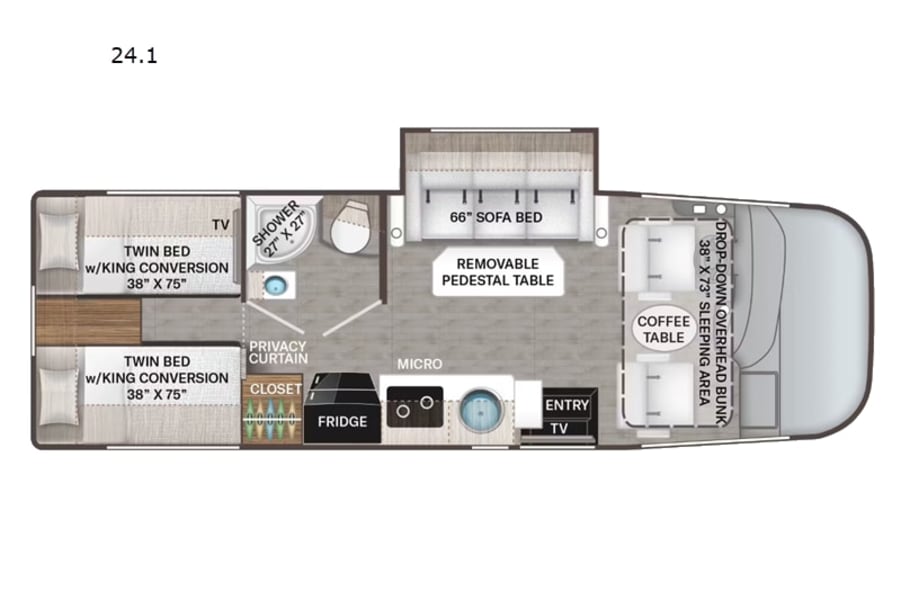 RV floor plan illustrating twin beds (convertible), sofa, bunk, kitchen, and bath, perfect for RV rental planning.