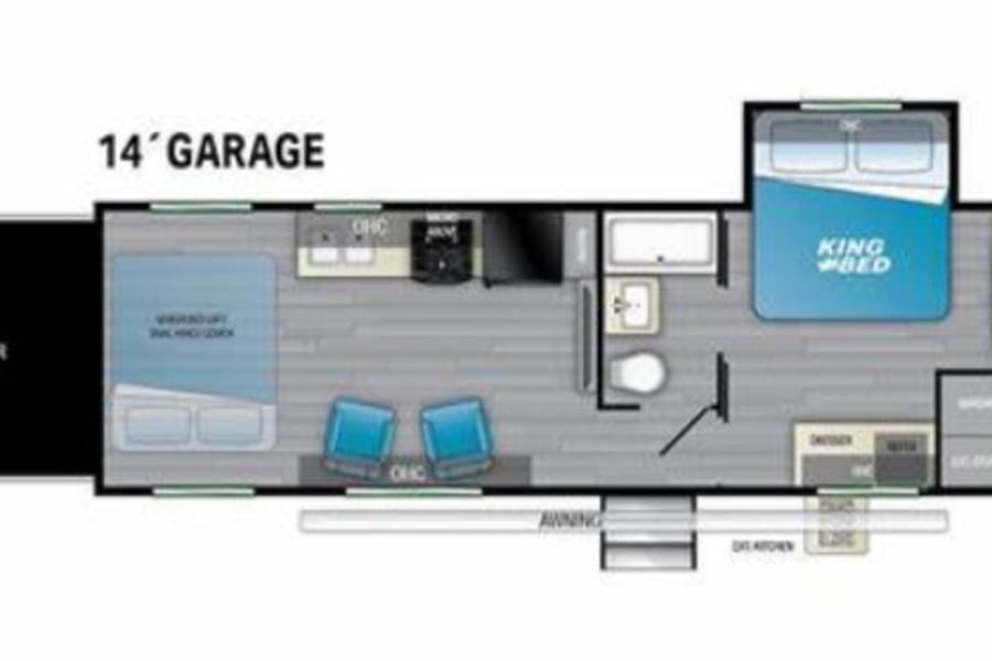 Master Bedroom slides out to give you nice full-sized bedroom with direct access to the Bathroom
Two queen sized beds drop from the ceiling to go along with the added futon give you ample sleeping space 
