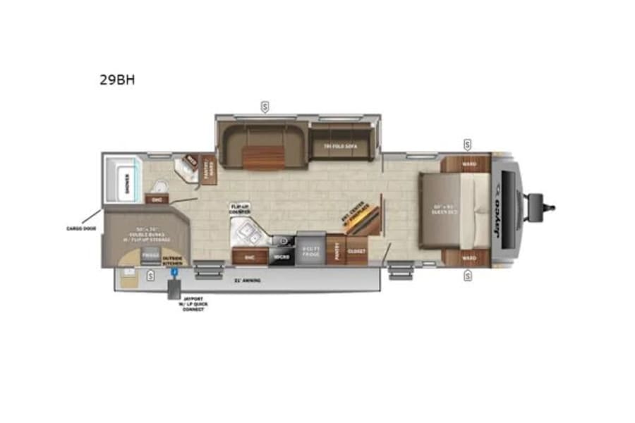 Detailed RV floor plan for a 29BH model, showing interior layout with queen bed, bunks, kitchen, and living area, ideal for rv rental.