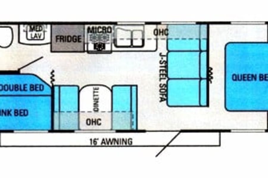 RV rental floor plan detailing the interior layout with queen & bunk beds, kitchen, bathroom, and living spaces.