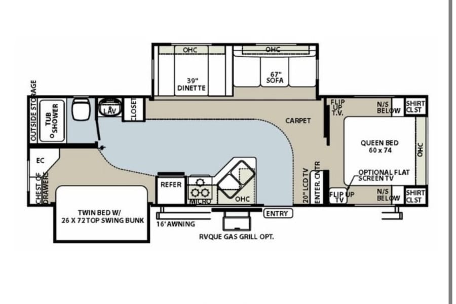 RV rental floor plan: A detailed layout showing queen bed, twin bunk, kitchen, bath, dinette, and sofa areas.