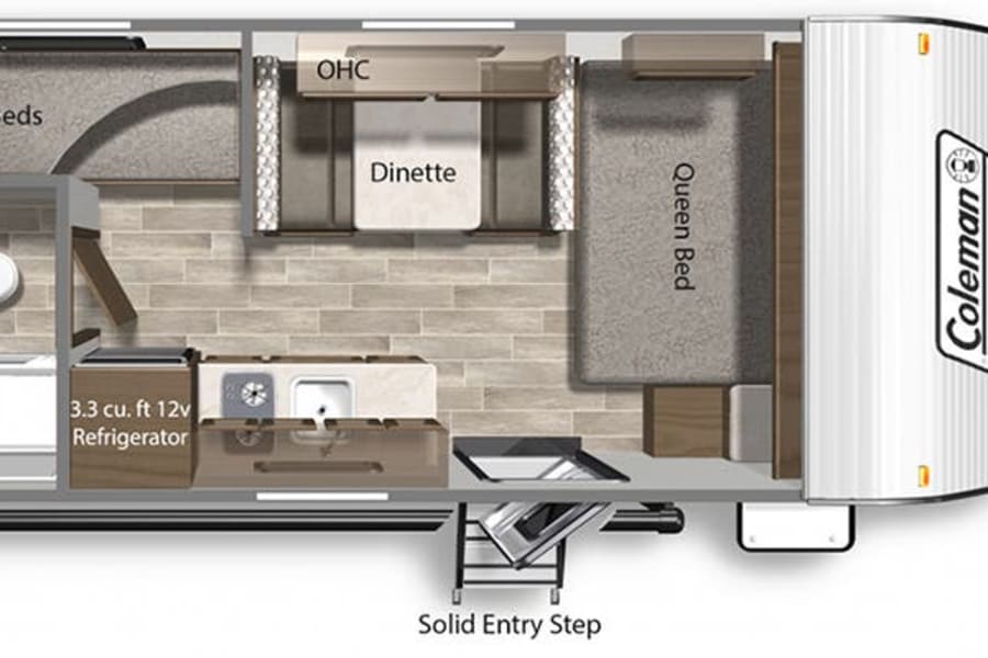 RV rental floor plan: A compact travel trailer's interior, showing queen bed, bunk beds, dinette, kitchen, and bathroom. Ideal for camping.