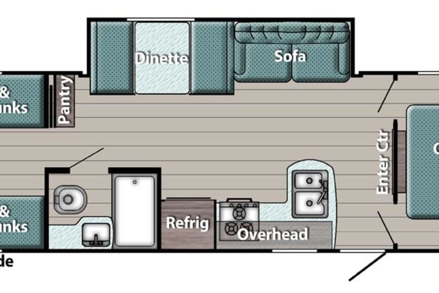 RV rental floor plan showcasing a queen bed, bunk beds, kitchen, dinette, sofa, and optional outside kitchen setup.