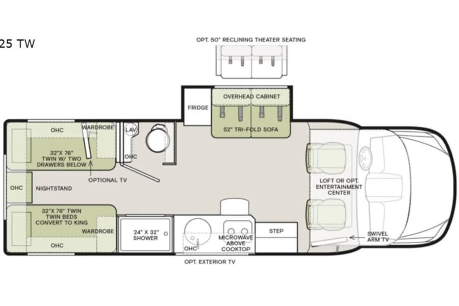 Floor plan of our 2001 25TW with full electric reclining theatre seating.