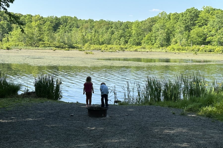 RV rental escape! Two kids at a calm lake's edge, surrounded by lush trees. Perfect for family camping & nature exploration.