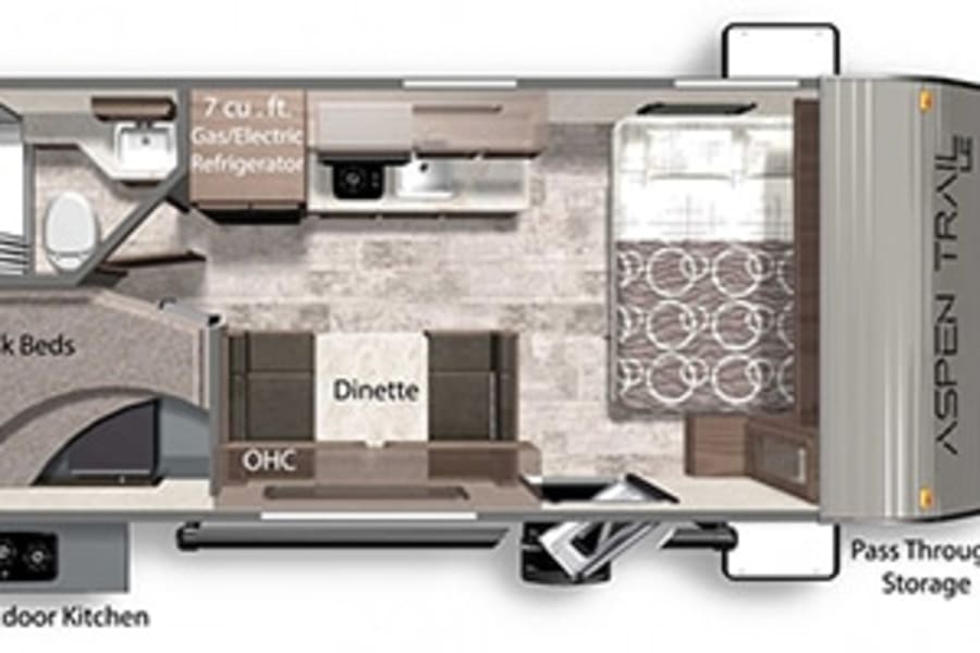 Top-down RV rental floor plan. Features: bunk beds, kitchen, dinette, bathroom, main bed, outdoor kitchen, and storage.