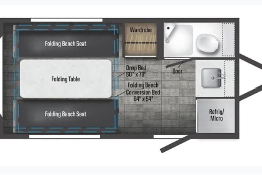 RV rental floor plan: This detailed layout shows flexible seating, a drop bed, kitchenette, and bathroom, ideal for compact travel.