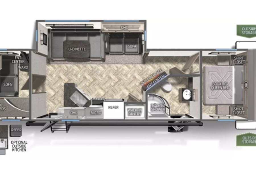 RV rental floor plan: Spacious travel trailer interior with bunk beds, kitchen, bath, and queen bed layout. Great for family trips.