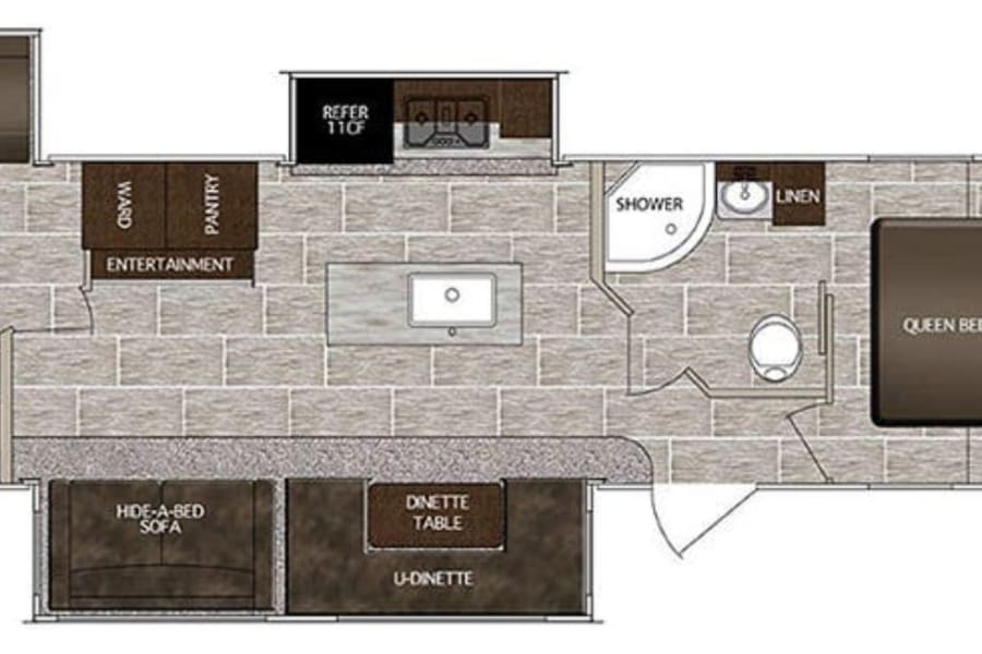 RV rental floor plan: A spacious layout detailing a queen bed, bunk room, kitchen, bath, and convertible living spaces for comfort.