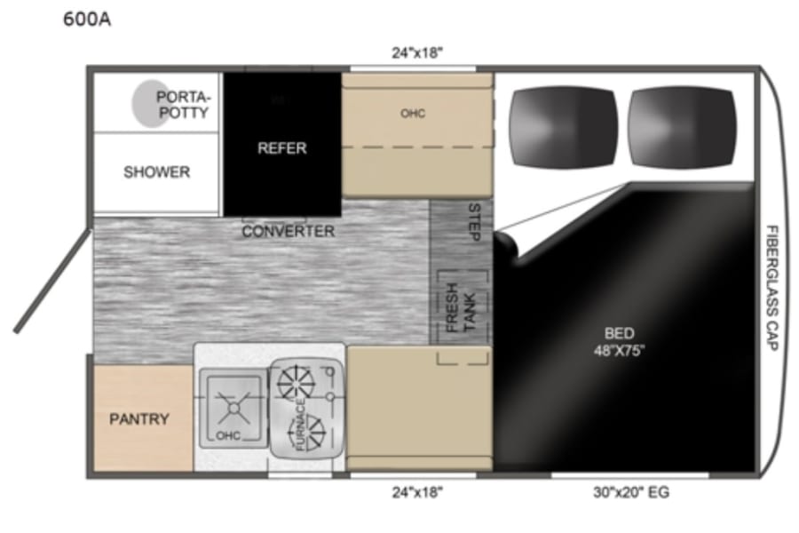 This RV rental 600A camper floor plan details the interior layout: bed, kitchen, shower, porta-potty, and storage.