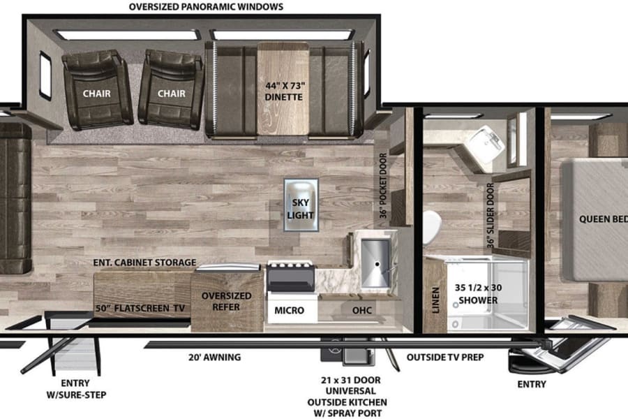 Explore this RV rental floor plan: a detailed layout featuring living area, full kitchen, bathroom, bunk beds, and queen bedroom.