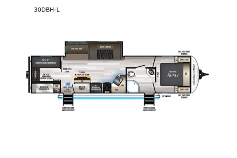 Top-down view of a 30DBH-L RV floor plan, detailing interior layout with master bed, kitchen, bath, and bunkhouse, ideal for rv rental.