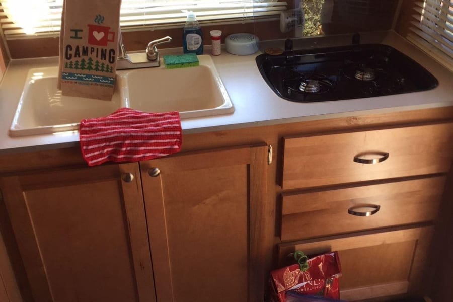 Compact rv rental kitchen with sink, stove, wood cabinets, and checkered floor. Pet food bags are on the floor.