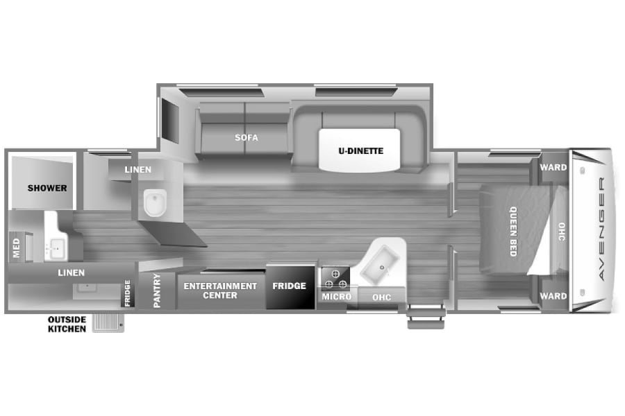 Detailed RV rental floor plan: Avenger travel trailer with queen bed, dinette, kitchen, and bath layout.