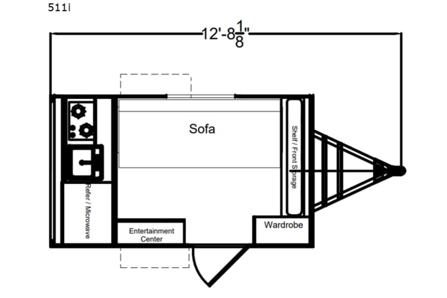 Compact RV rental floor plan: 12' 8 1/8" trailer layout with kitchen, sofa, entertainment center, wardrobe, storage.