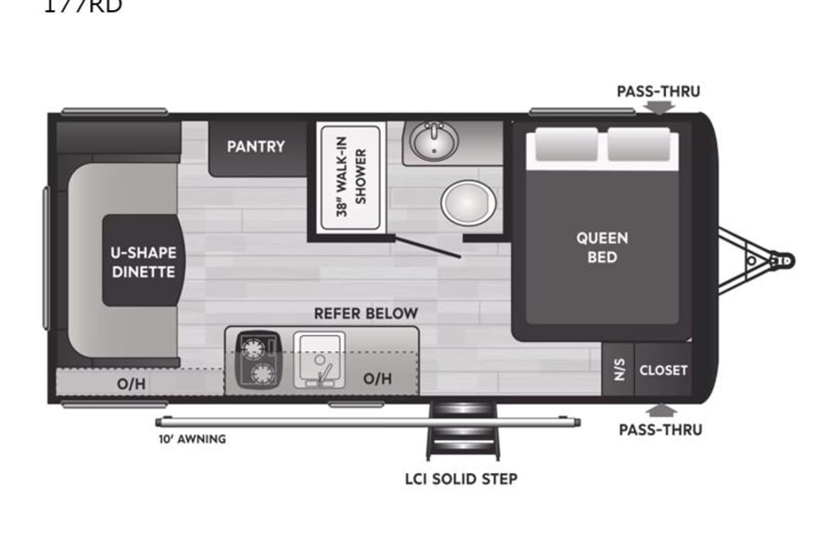 RV rental 177RD floor plan: travel trailer layout with queen bed, U-dinette, kitchen, walk-in shower, and pass-thru storage.