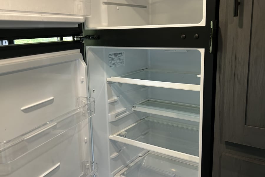RV rental: Clean, empty refrigerator ready for your adventure. Features freezer, fridge, shelves, & door bins.