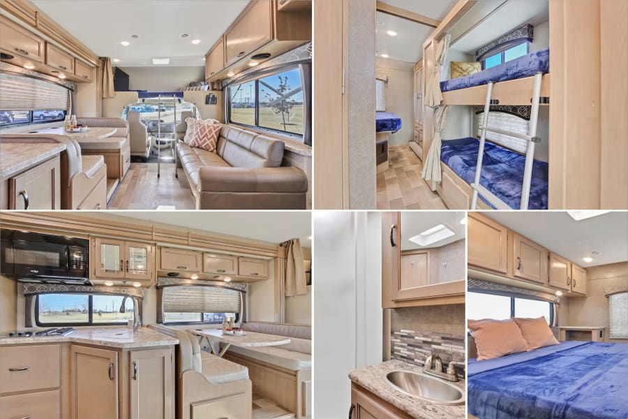 Explore this RV rental's inviting interior: featuring a full kitchen, comfy dinette, bunk beds, and a cozy bedroom.