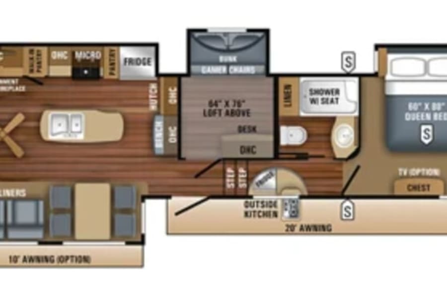 This RV rental floor plan offers a queen bedroom, loft, full kitchen, living room with sofa & recliners, plus an outdoor kitchen.