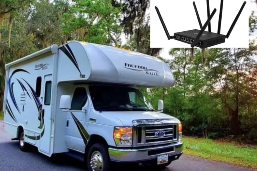 This RV rental, a white motorhome, features onboard WiFi, perfect for connected travel adventures.