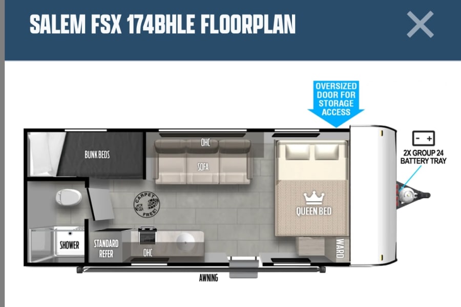 Salem FSX 174BHLE travel trailer floorplan, ideal for RV rental. Details interior layout with queen bed, bunk beds, kitchen, and bath.