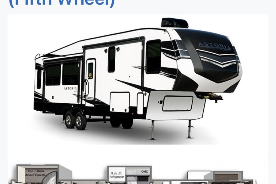 This image displays 2021 Dutchmen Astoria Fifth Wheel RV rental specs, showing its exterior and detailed interior floorplan.