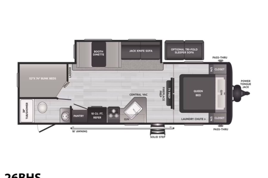 Explore this 26BHS RV rental floor plan, detailing bunk beds, queen bed, kitchen, and living areas.