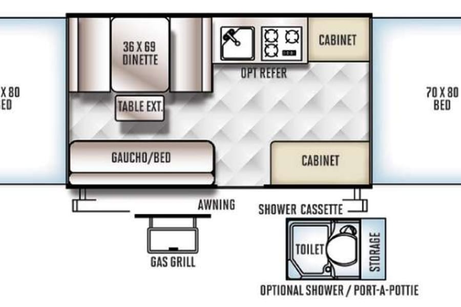 RV rental pop-up camper floor plan displaying dual beds, kitchen, dining, and optional bathroom layout.