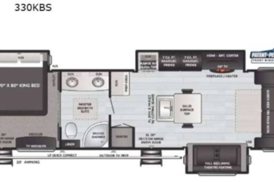 RV floor plan for a Sprinter 330KBS, detailing the spacious interior with king bed, kitchen, and living areas. Great for an rv rental.