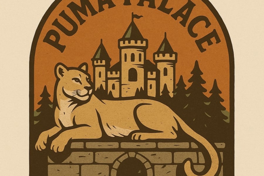 Puma Palace logo: A cougar on a stone wall with a castle and trees. Perfect inspiration for your RV rental journey!