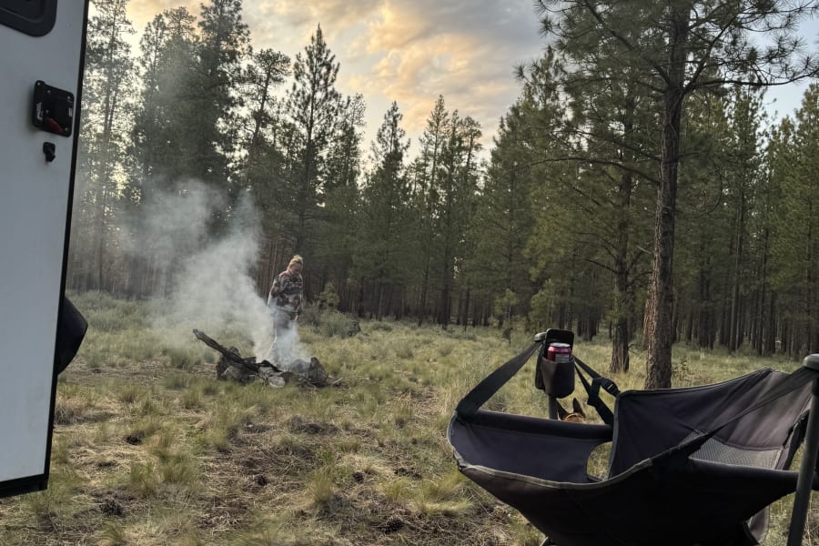 Rustic RV rental campsite: A woman tends a smoky campfire near pine trees, a dog rests on a tarp.
