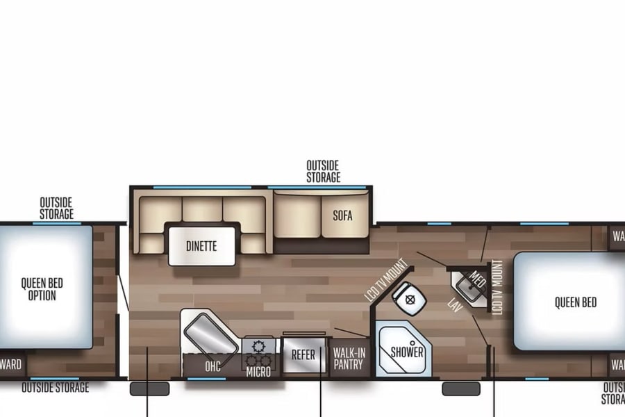 **RV rental** floor plan showing 2 queen beds, kitchen, bath, dinette, sofa, and ample outside storage.