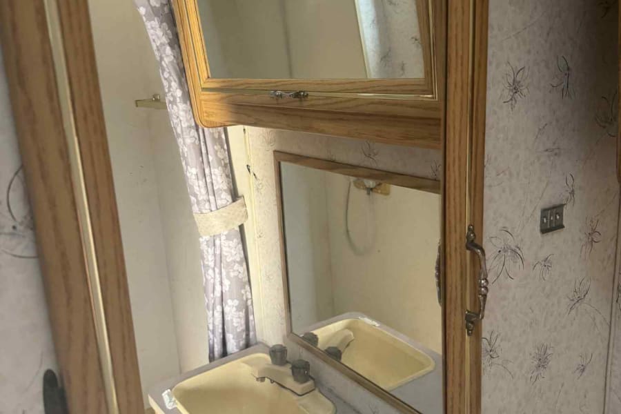 RV rental bathroom featuring a sink, upper & lower mirrors, a floral shower curtain, and wooden cabinetry.