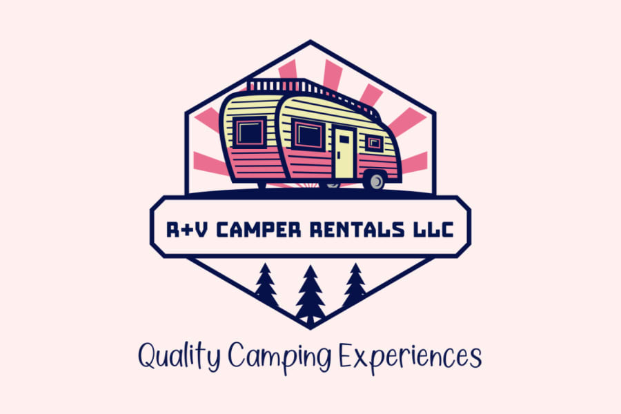 R+V Camper Rentals LLC logo: a retro camper trailer with sun rays & trees, promising quality camping experiences and RV rental.