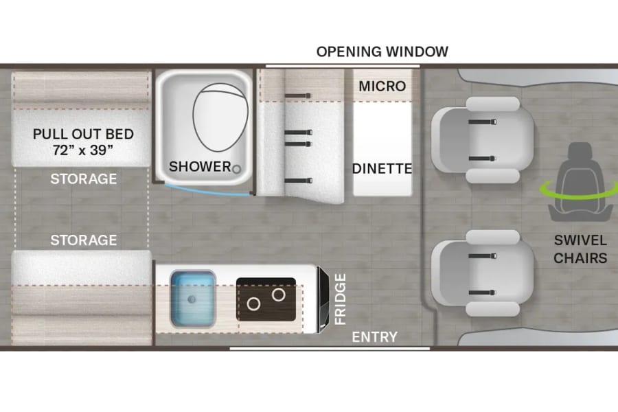 This RV rental floor plan shows a compact layout with a pull-out bed, shower, dinette, fridge, and front swivel chairs.