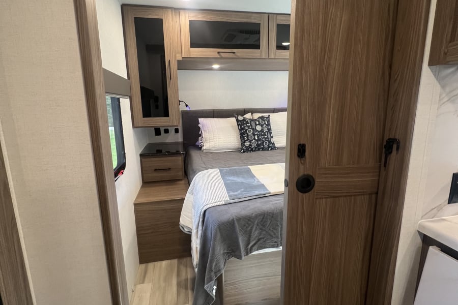 Sliding door provides privacy. 