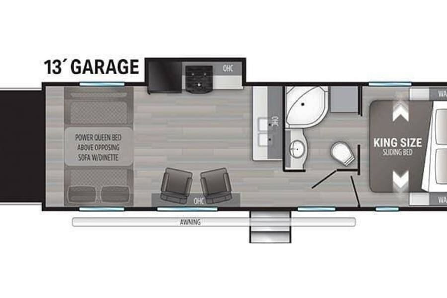 RV rental toy hauler floor plan: 13' garage with ramp door, power queen bed, king bed, bathroom, living area, and awning.