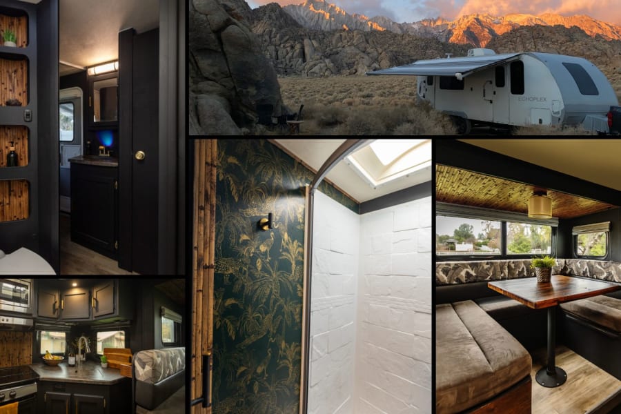 RV rental collage: a modern ECHOPLEX camper in a desert mountain landscape, plus its dark-themed interior with kitchen, bath, and dining.